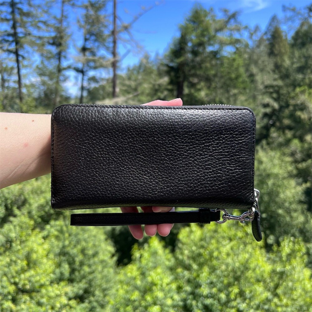 COACH Long Zip-Around Black Pebble Leather Wallet with Strap & Silver Hardware - Picture 2 of 13
